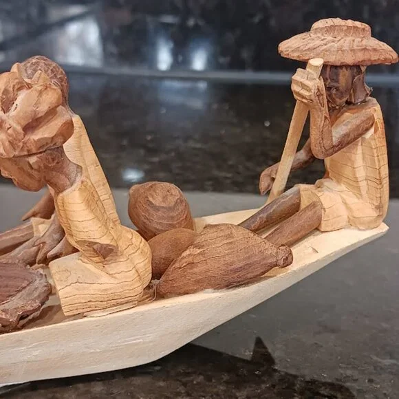Folk Art Sculpture Carving Ghanaian Boat People (6) Vintage, 12 inches - Picture 3 of 13